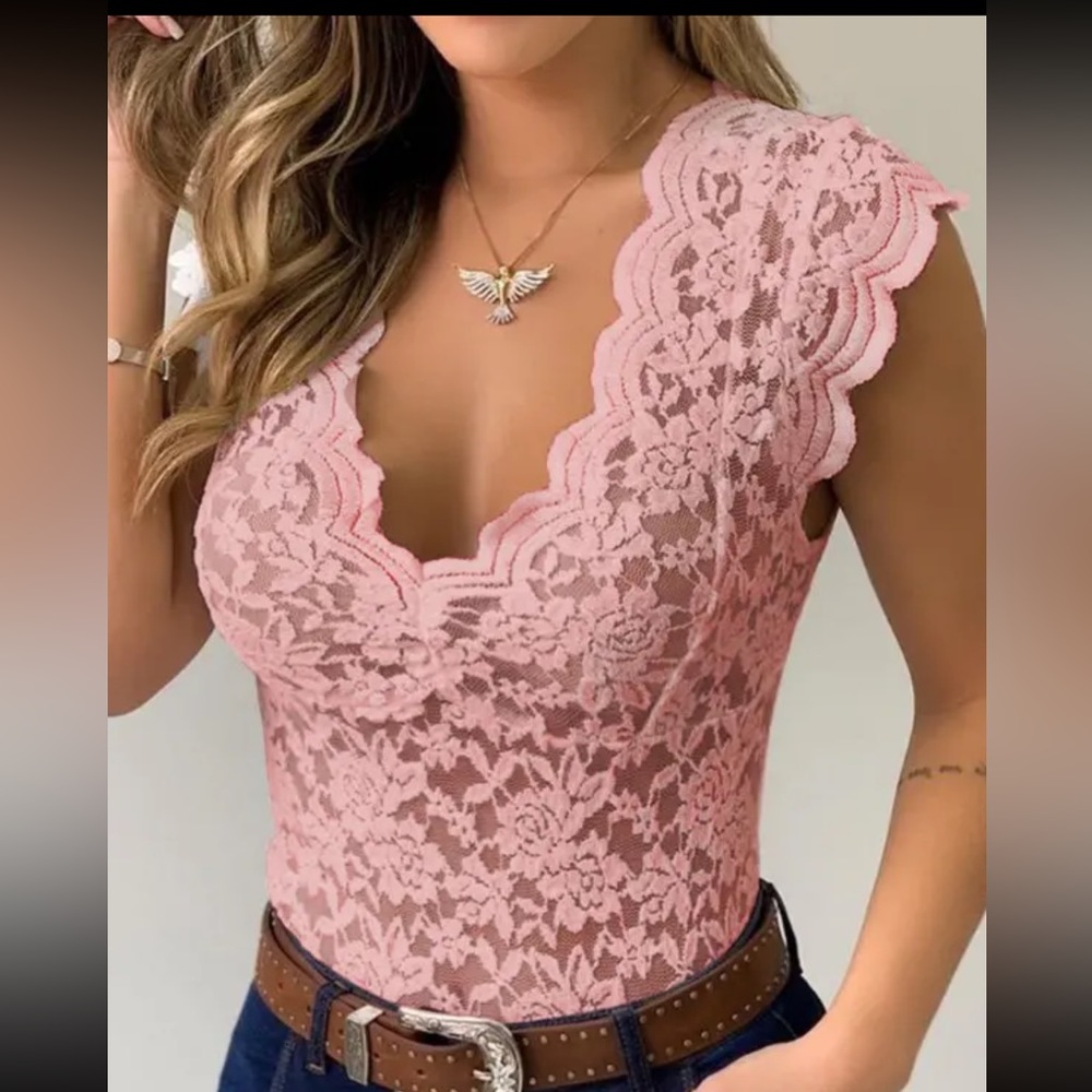 Crochet Lace V Neck Bodysuit Pink